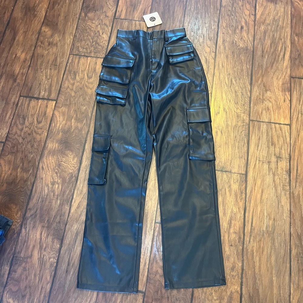 Black Faux Leather Wide Leg Cargo Pants